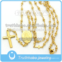 Vacuum plating gold high quality religious jewelry stainless steel Mother Mary and Jesus cross necklace with 8mm rosary beads